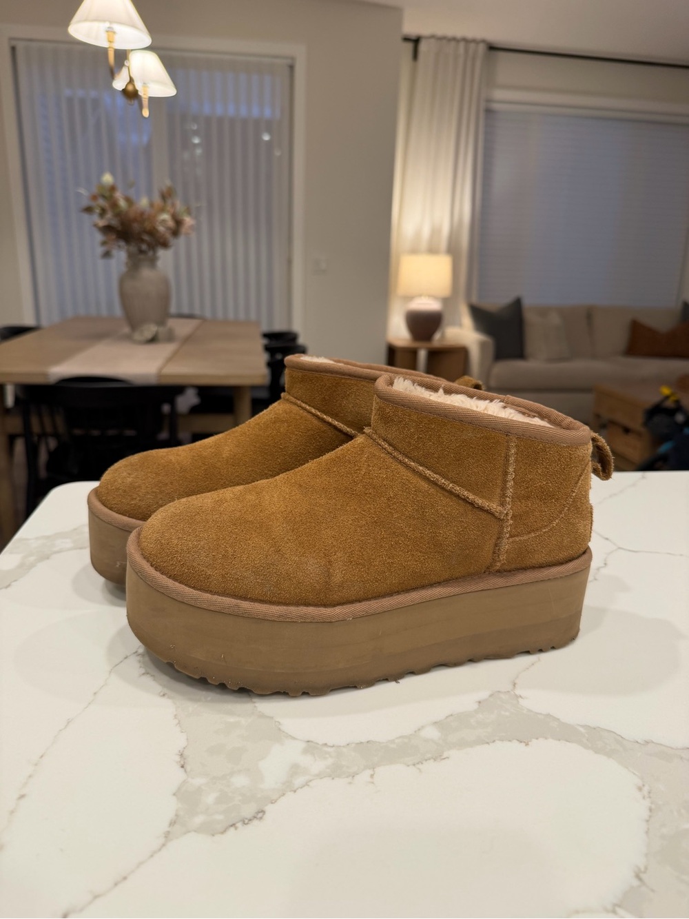 UGG Chestnut Suede Platform Shearling Mules